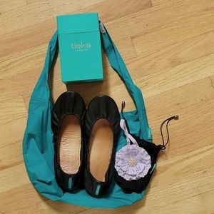 Tieks matte black size 10 shoes with box, bag, flower